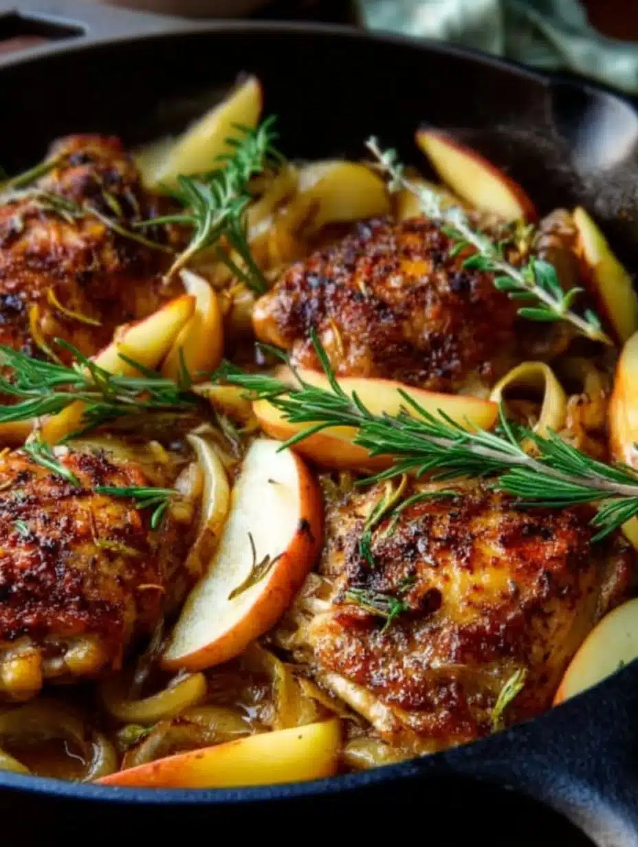 Delicious Rosemary Apple Cider Chicken garnished with fresh herbs