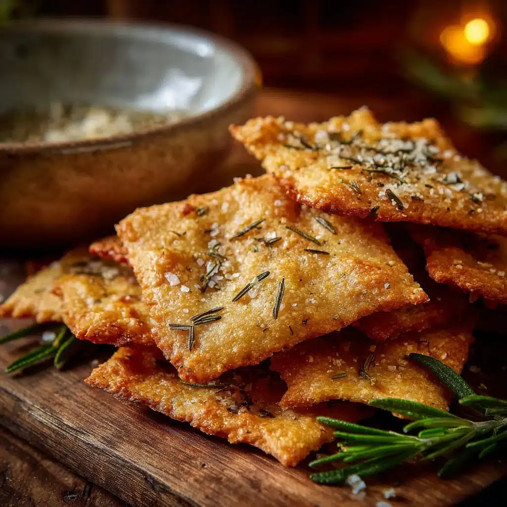Rosemary sea salt sourdough crackers on a wooden platter