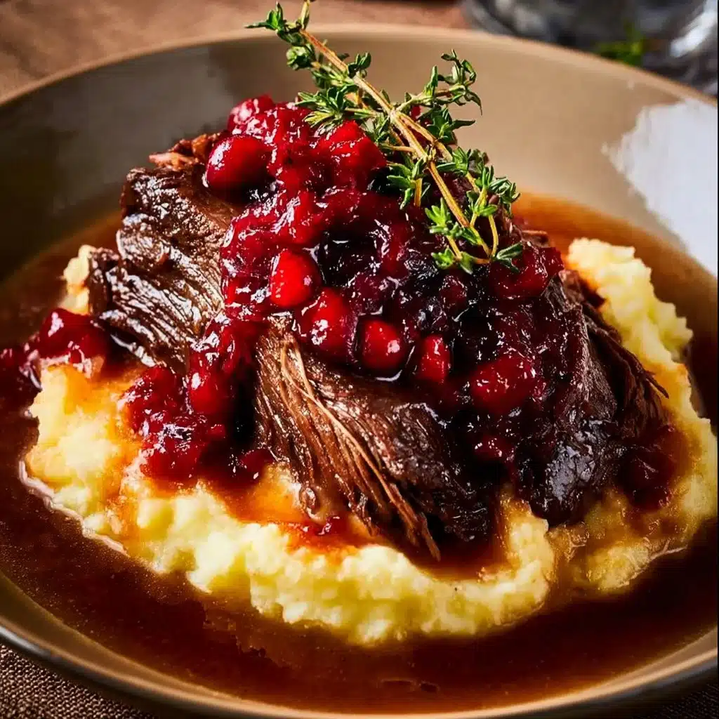 Slow-braised beef roast with cranberry balsamic glaze served on a plate