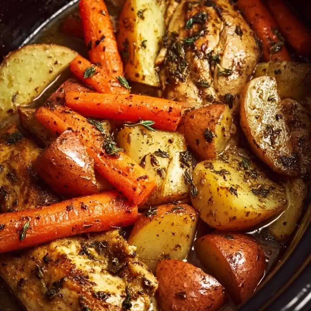 Delicious slow cooker garlic butter chicken served with colorful veggies