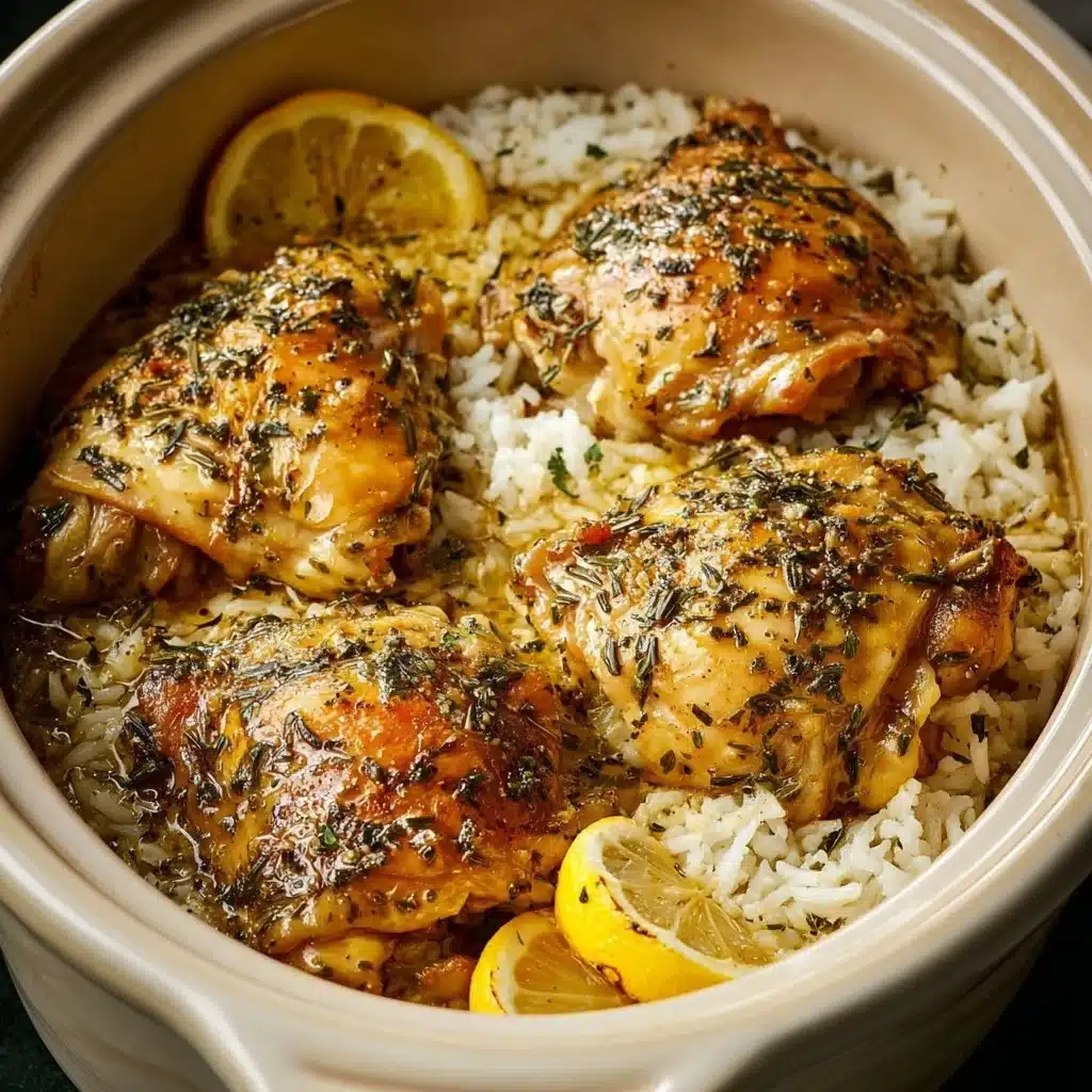 Slow Cooker Lemon Herb Chicken served with fluffy rice on a plate
