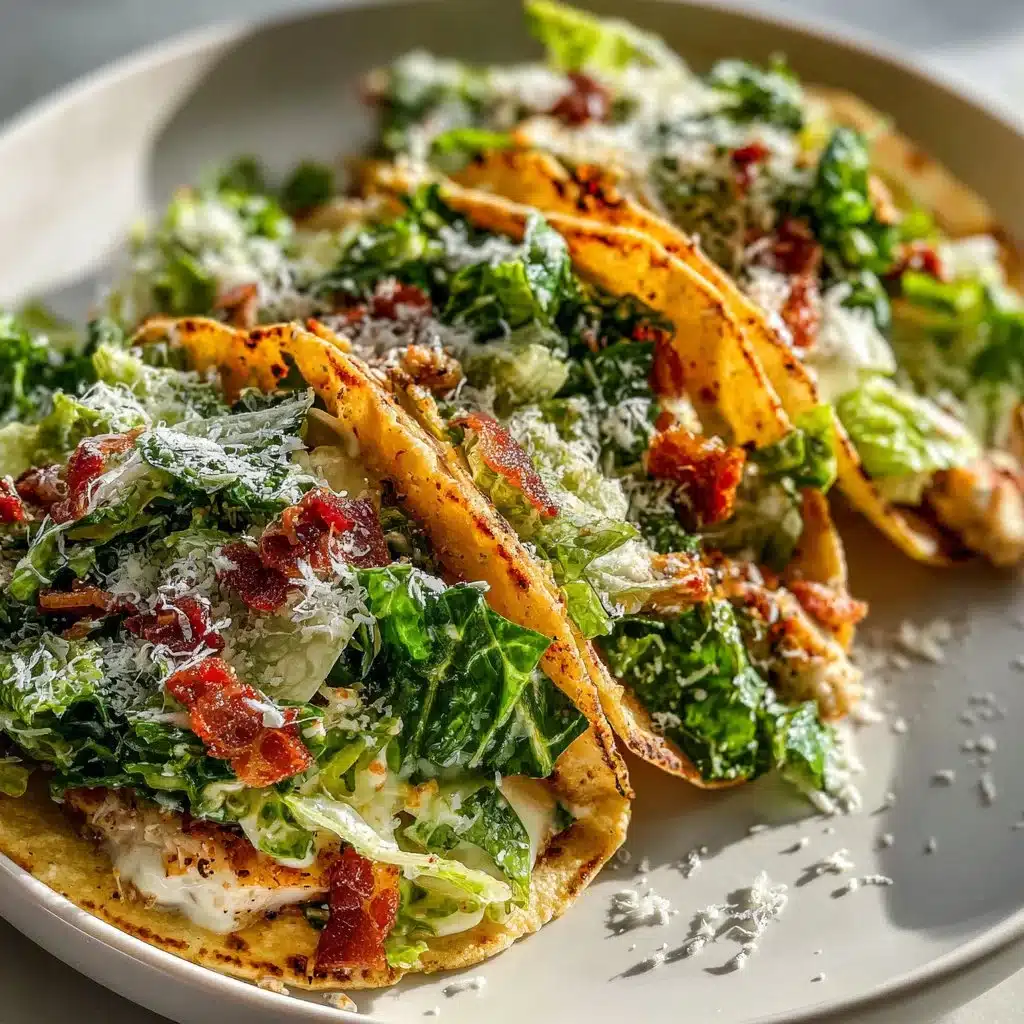 Delicious Smash Chicken Caesar Tacos garnished with lettuce and parmesan
