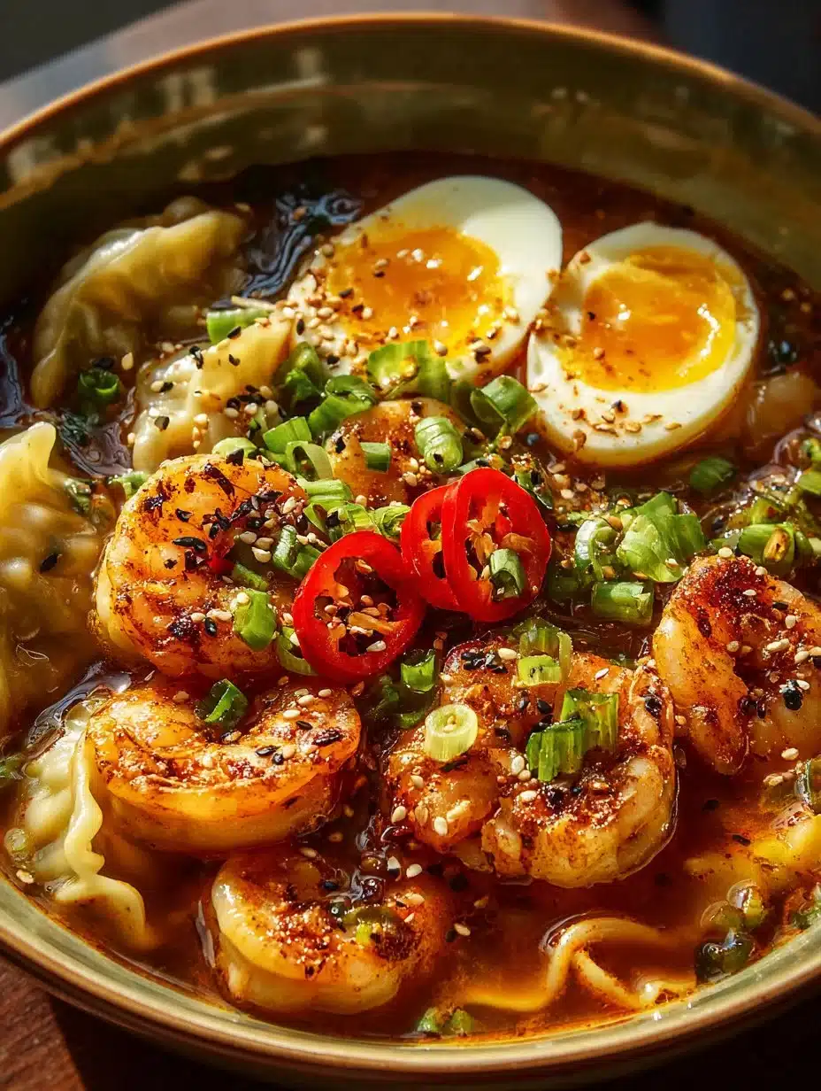 Bowl of spicy shrimp dumpling soup garnished with herbs