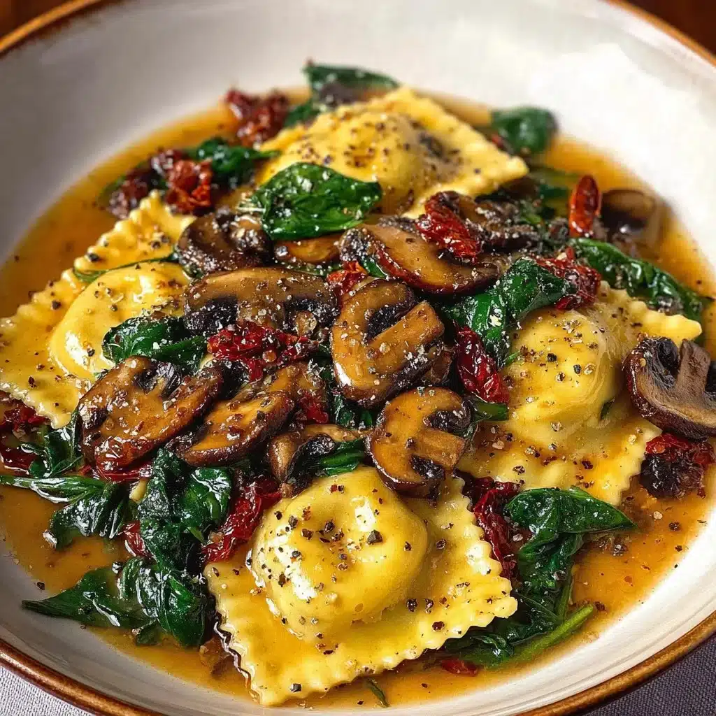 Delicious spinach and mushroom ravioli served with a rich sauce