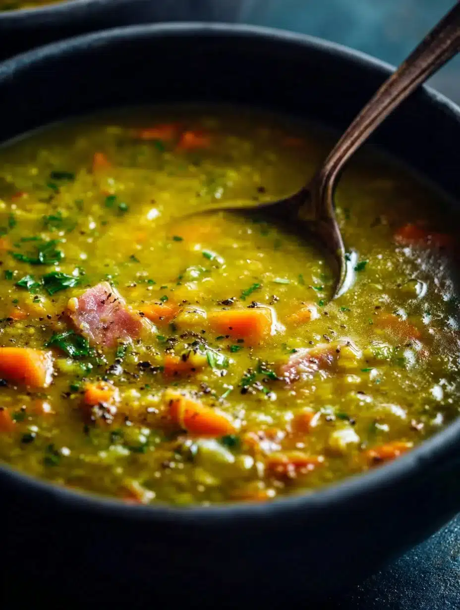 Bowl of delicious split pea soup garnished with herbs
