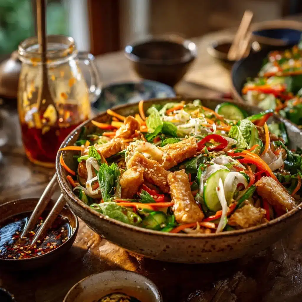 Delicious spring roll salad topped with spicy ginger dressing and fresh vegetables.