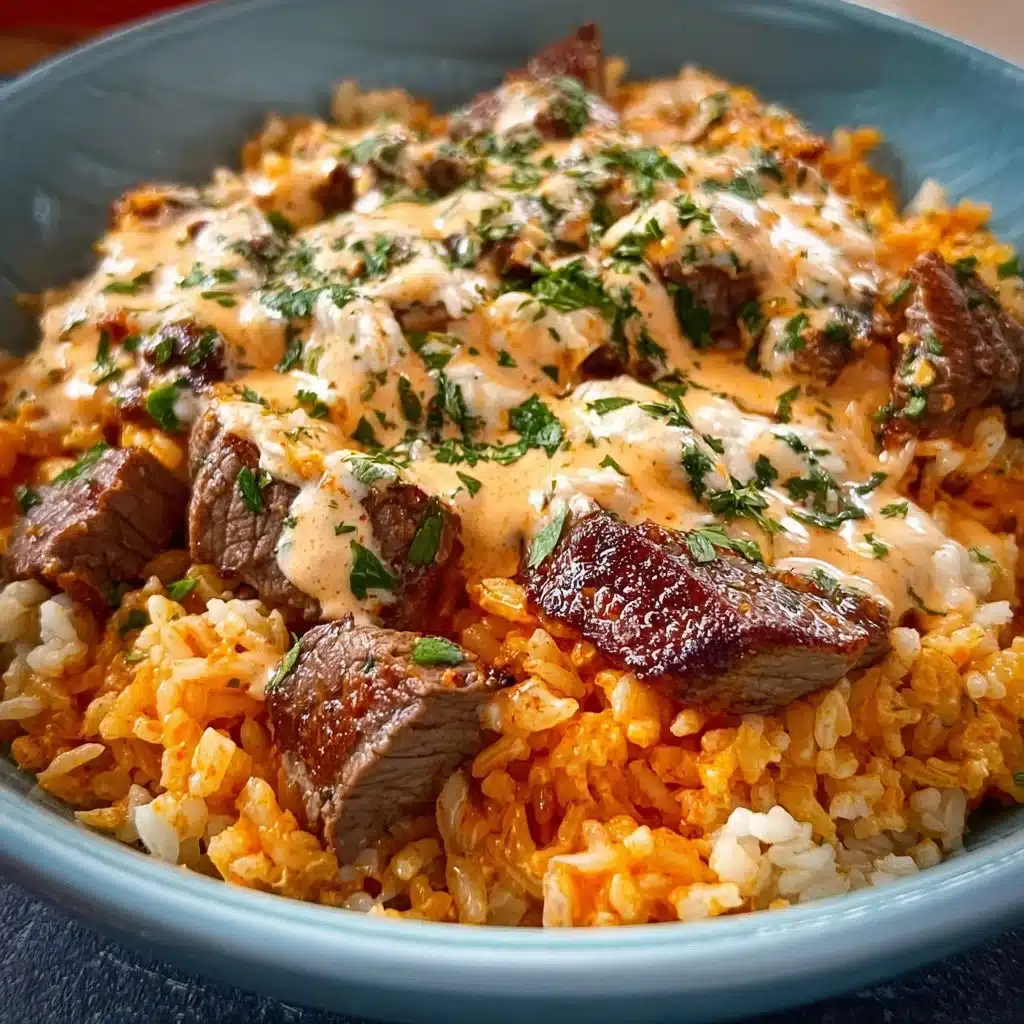Delicious Steak and Cheese Rice dish served in a bowl.