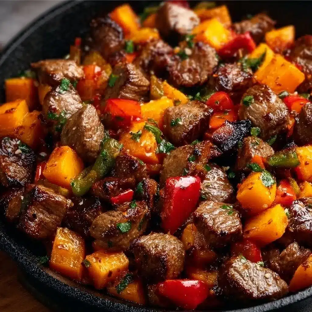 A plate of steak bites with roasted sweet potatoes and colorful bell peppers.