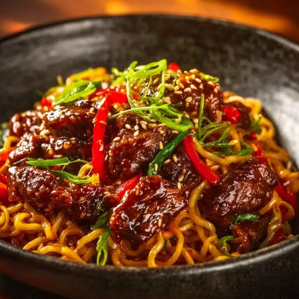 Delicious sticky beef noodles served with fresh herbs and vegetables.
