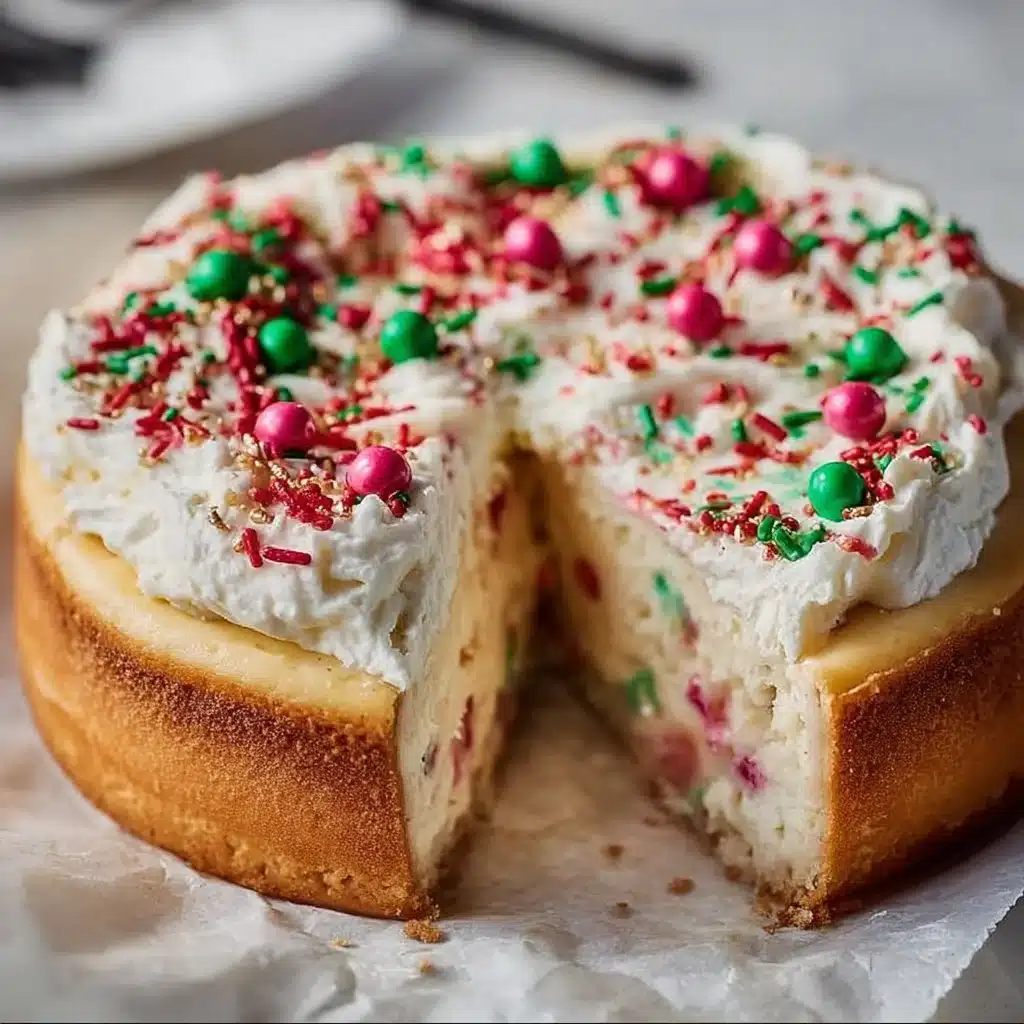Delicious Sugar Cookie Cheesecake dessert topped with colorful sprinkles.