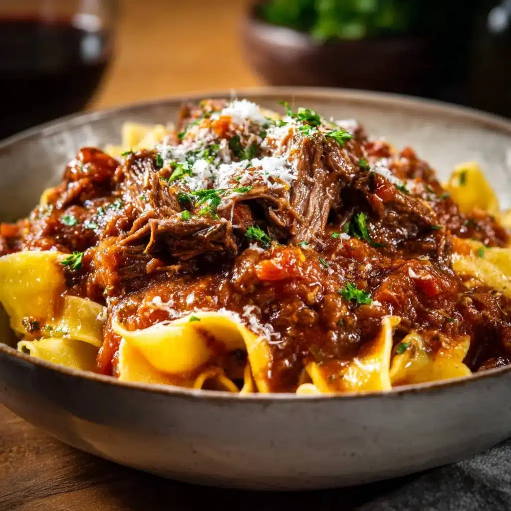 Delicious slow cooker beef ragu served in a bowl, showcasing rich flavors and tender meat.