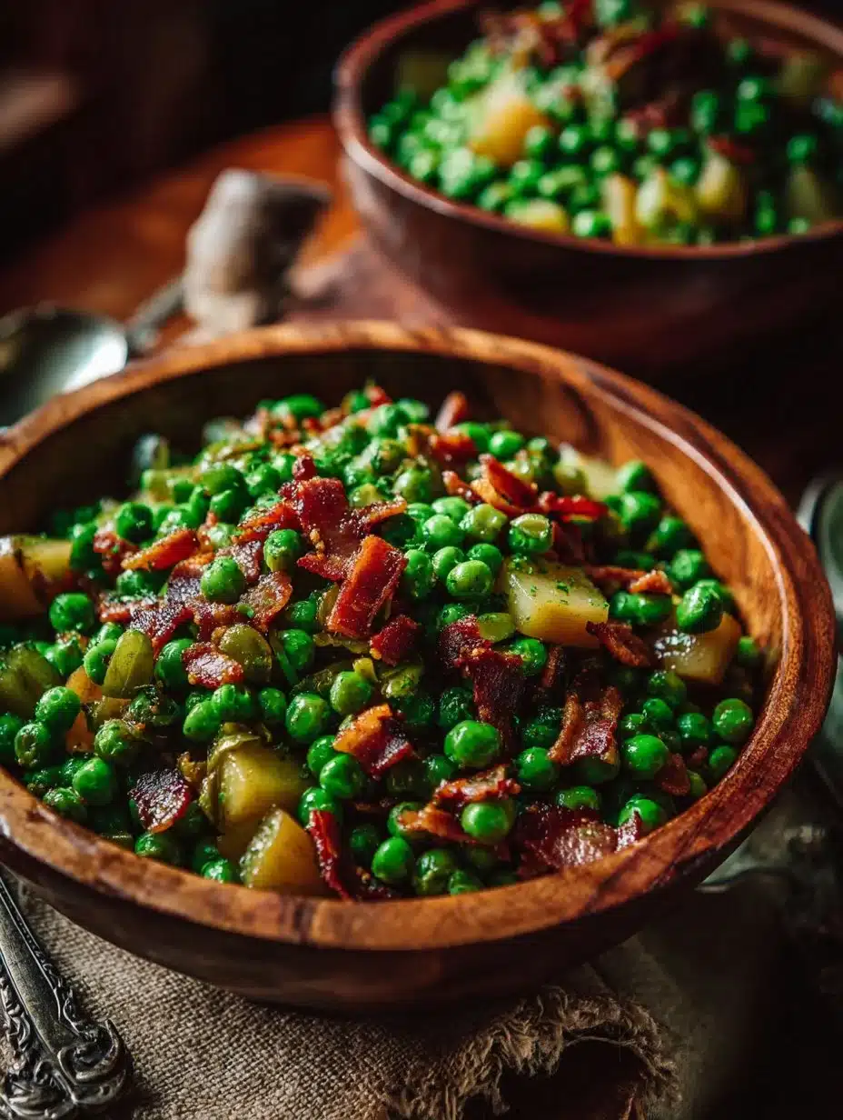 Delicious dish of sweet pears with crispy pancetta and fresh peas