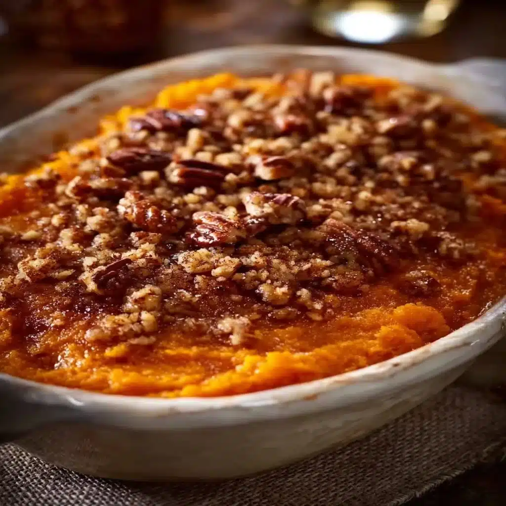 Delicious sweet potato casserole topped with pecans and marshmallows