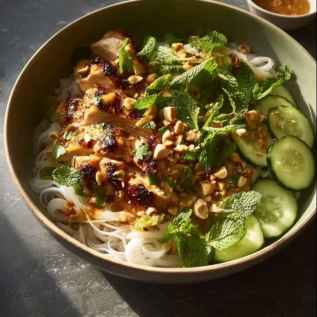 Thai Peanut Chicken Noodle Bowl with fresh vegetables and peanut sauce