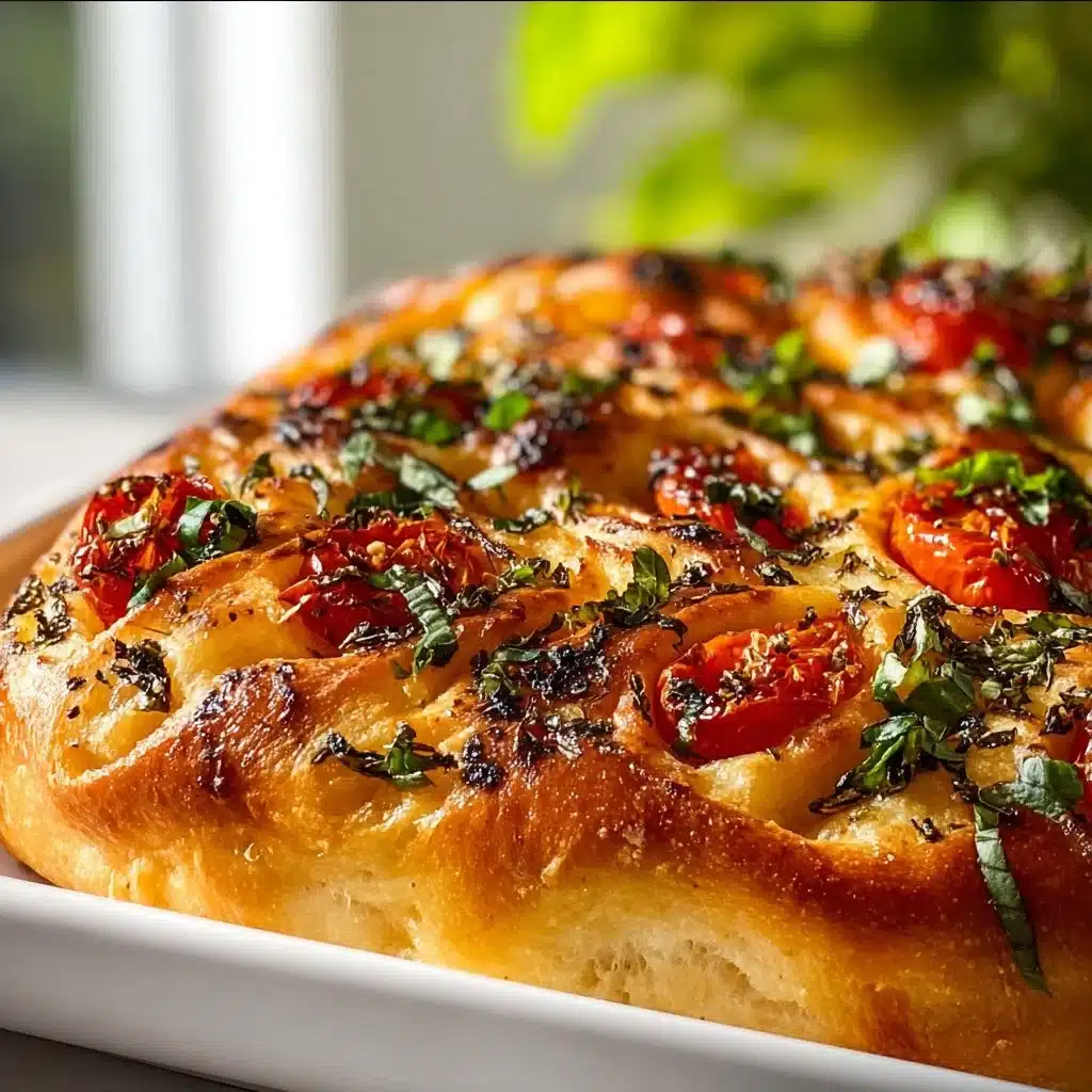 Freshly baked tomato basil focaccia bread on a wooden board