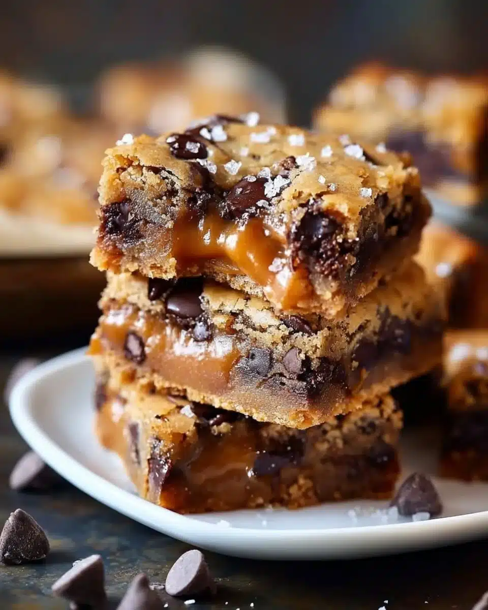 Delicious gooey salted caramel chocolate chip cookie bars on a plate
