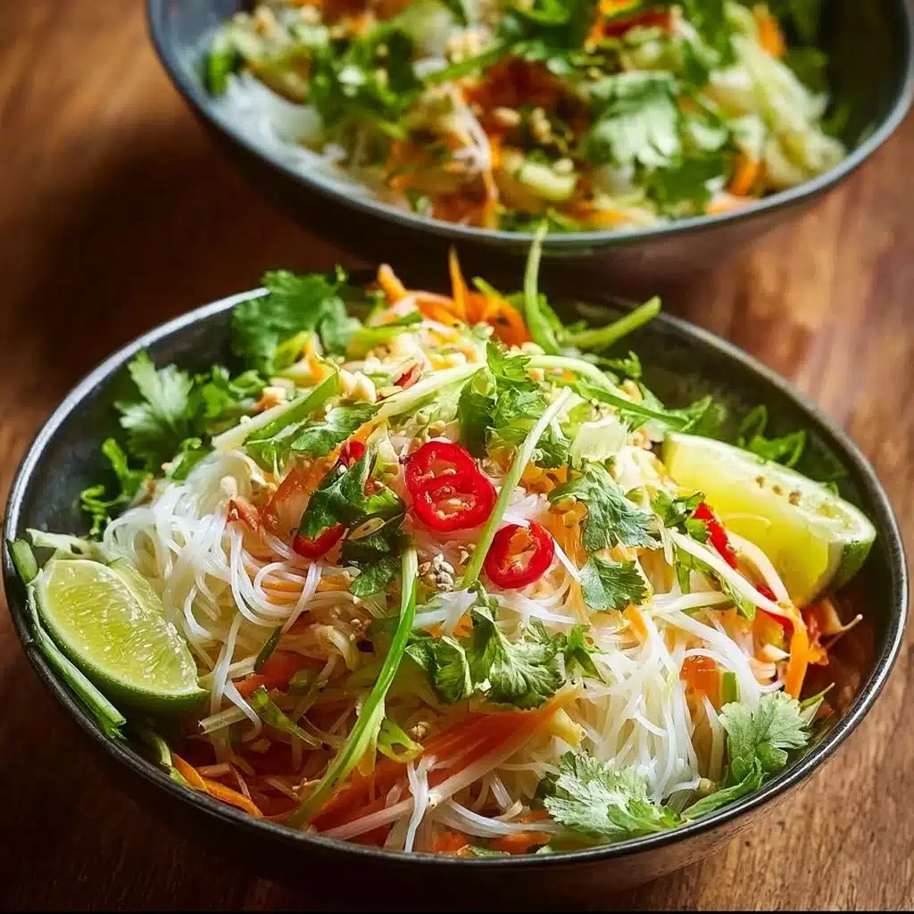 Colorful Vietnamese noodle salad with fresh vegetables and herbs