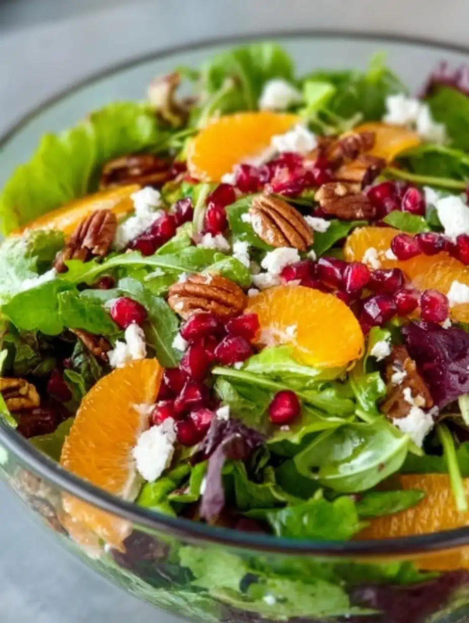 Colorful winter salad with greens, nuts, and seasonal fruits.