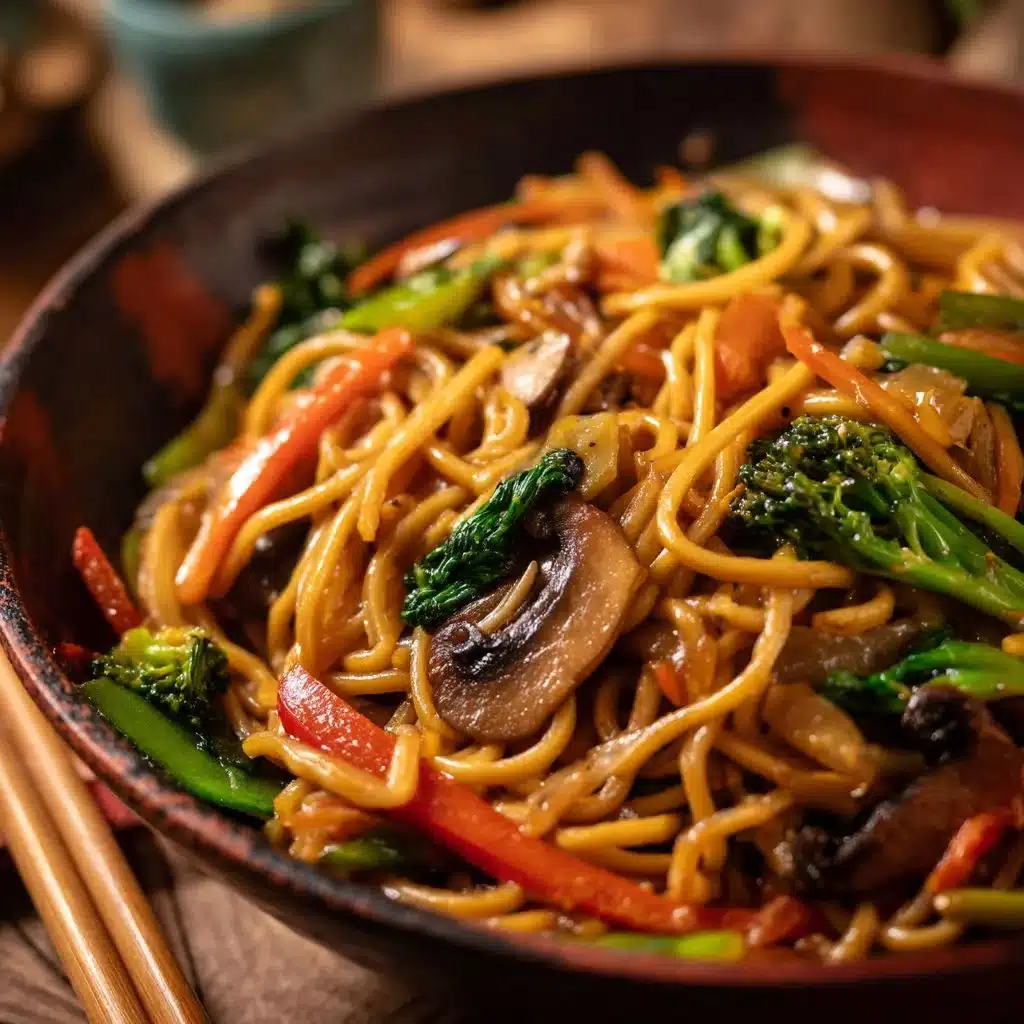 15-Minute Vegan Veggie Lo Mein with fresh vegetables and soy sauce
