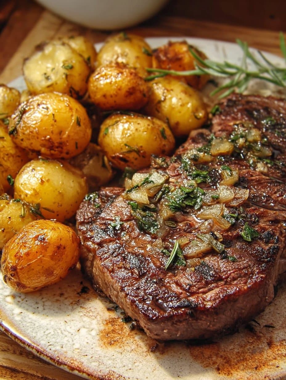 Garlic Herb Steak with Cheesy Roasted Baby Potatoes