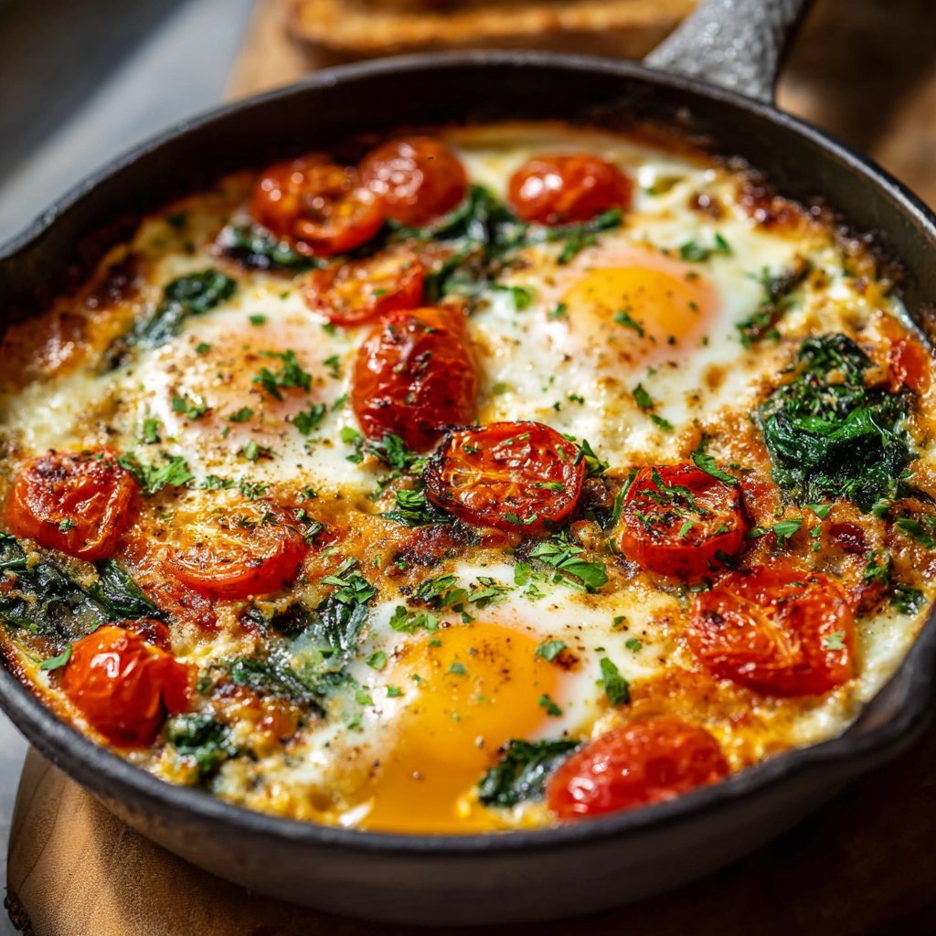 Baked Feta Eggs with Tomatoes and Spinach