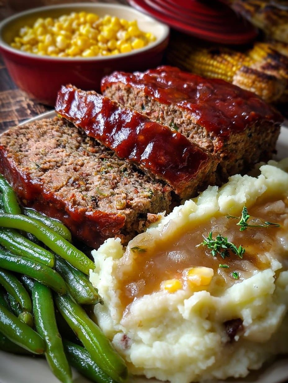 Classic Meatloaf Dinner with Mashed Potatoes, Green Beans, and Corn