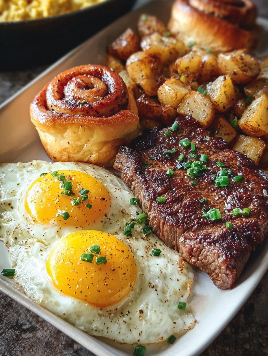 Steak and Eggs Breakfast Plate with Skillet Potatoes and Cinnamon Rolls