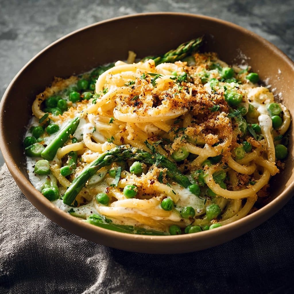 Bucatini with Garlic Cream Sauce, Asparagus, and Peas