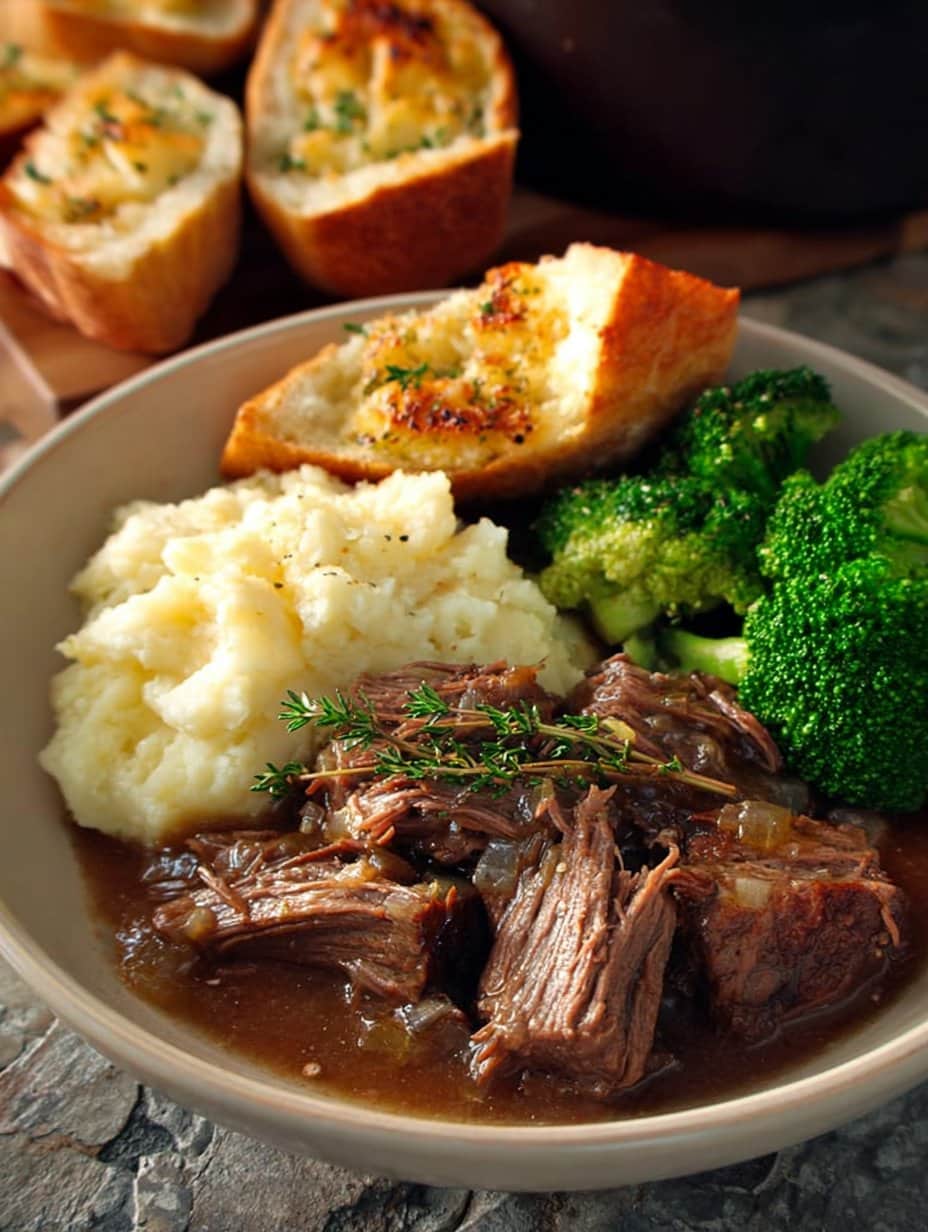 Slow-Cooked Beef with Mashed Potatoes, Broccoli, and Cheesy Garlic Bread