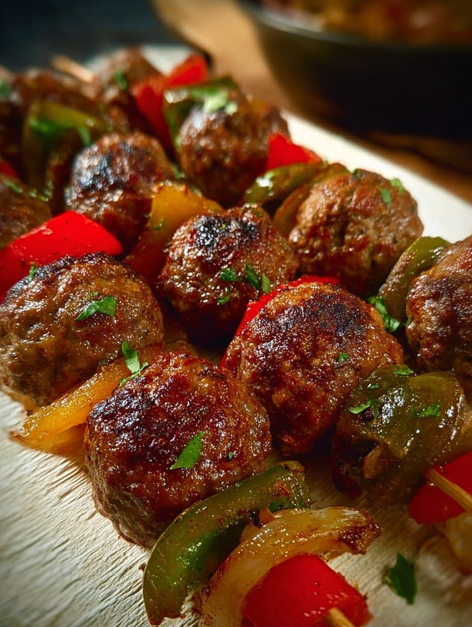 Herbed Meatball Skewers with Peppers and Onions