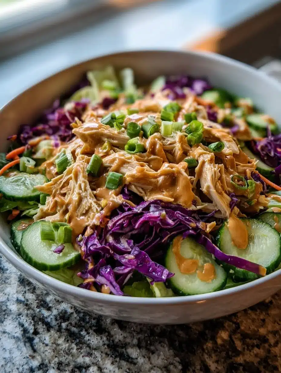Delicious Bang Bang Chicken Salad topped with spicy sauce and fresh vegetables.