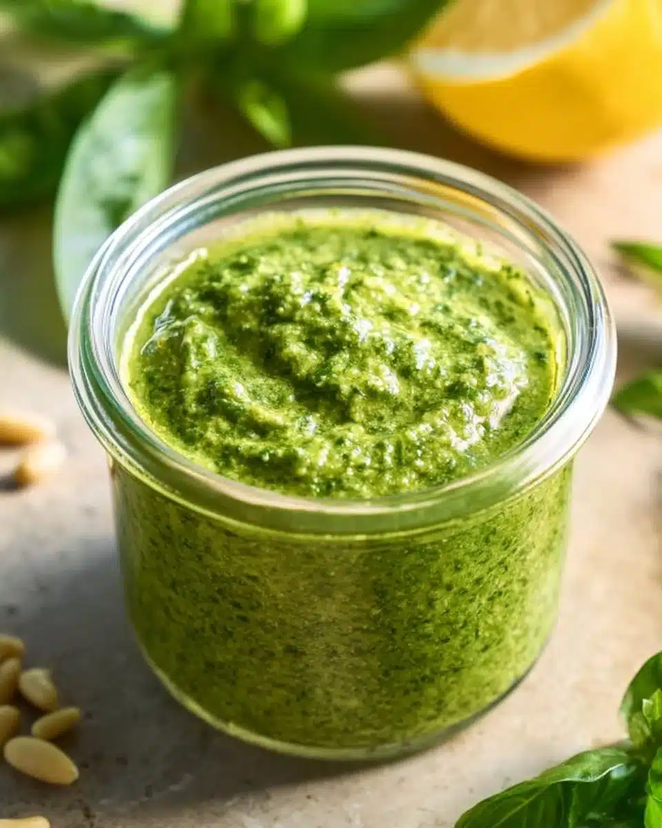 Homemade Basil Pesto sauce in a bowl with fresh basil leaves and pine nuts