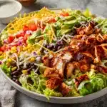 Colorful BBQ chicken salad with grilled chicken, greens, and vibrant vegetables.