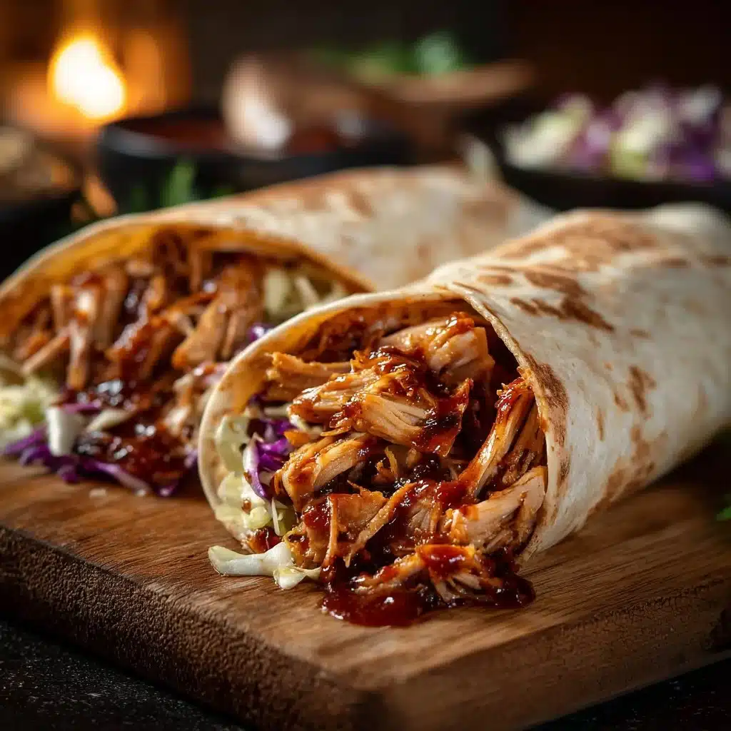BBQ Pulled Chicken Wraps with fresh ingredients on a wooden table