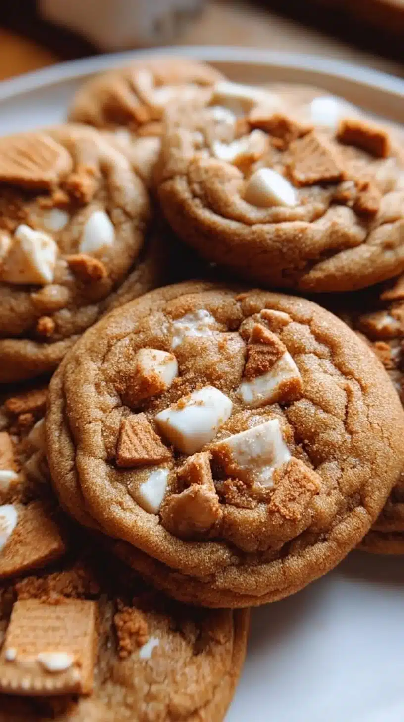 Biscoff cookie butter white chocolate chip cookies on a plate