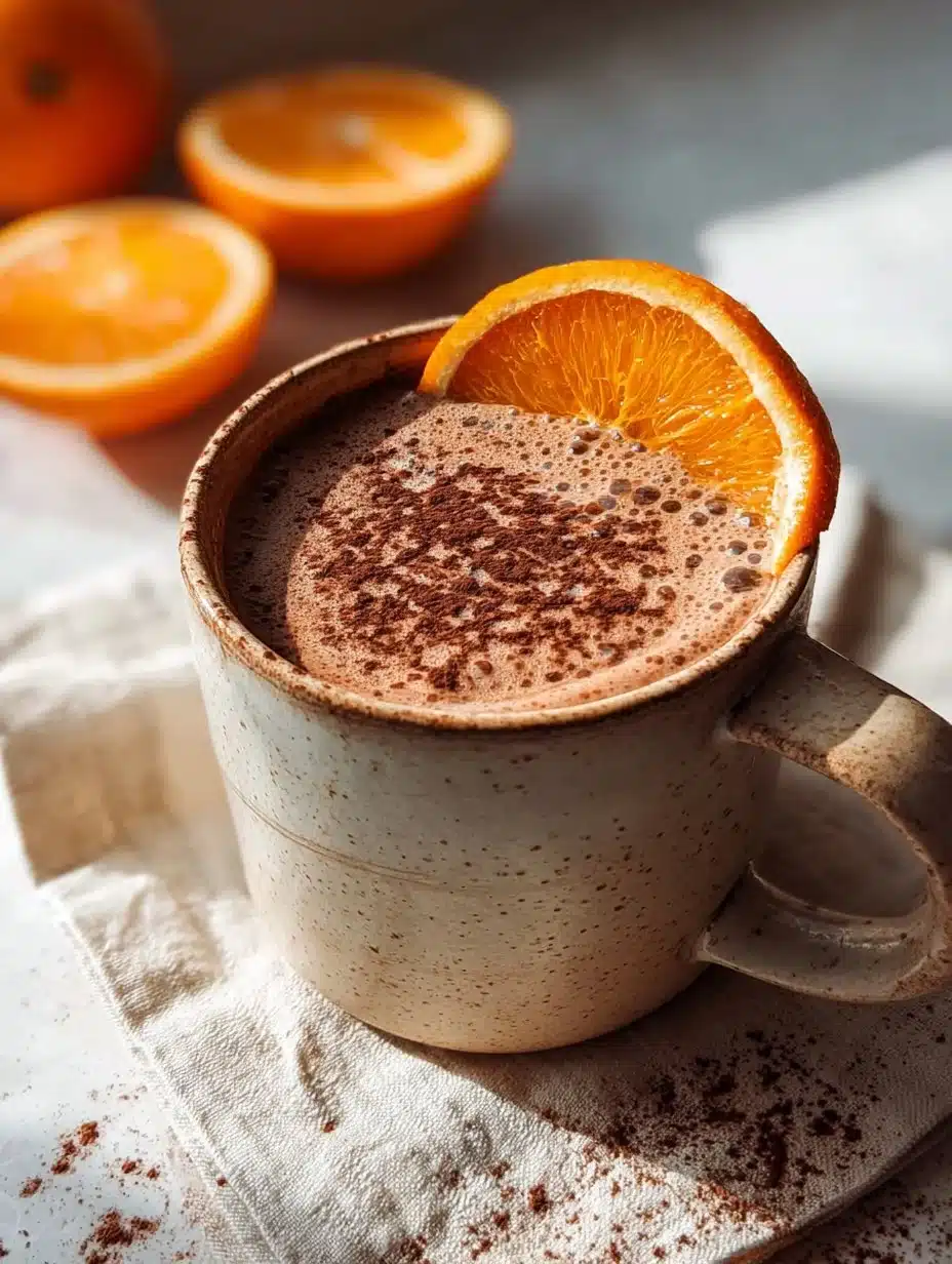 A cup of blood orange hot chocolate topped with whipped cream and orange zest.