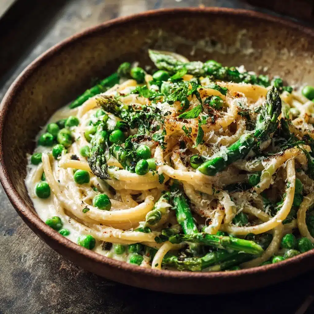 Bucatini pasta with garlic cream sauce, asparagus, and peas on a plate.