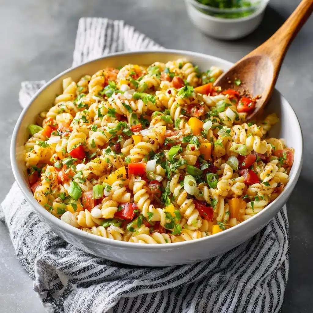 Delicious Buffalo Chickpea Pasta Salad bowl with vibrant vegetables and creamy dressing