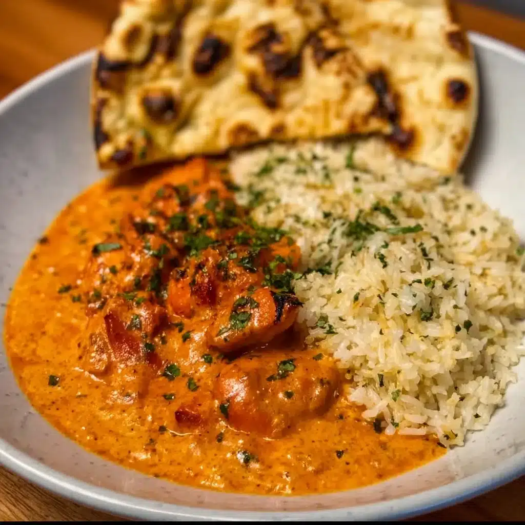 Bowl of delicious butter chicken with rice and naan bread