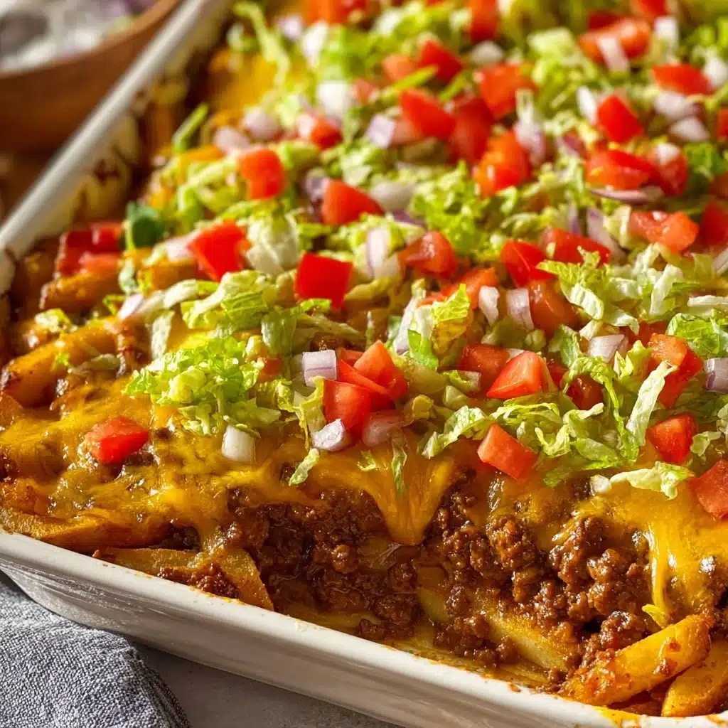 Delicious cheeseburger casserole topped with crispy French fries.