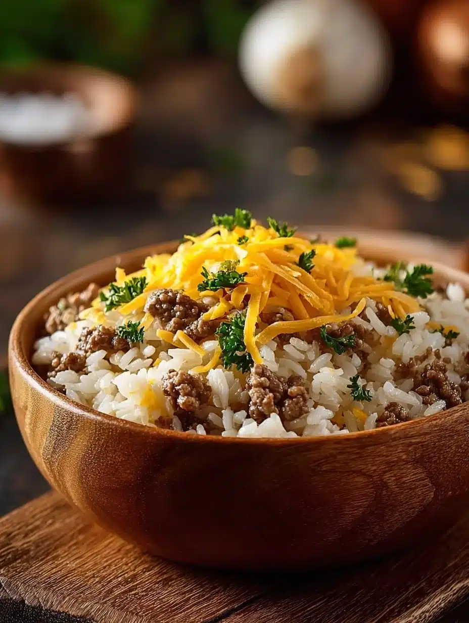 Cheesy Hamburger Rice Casserole served in a baking dish, topped with melted cheese.