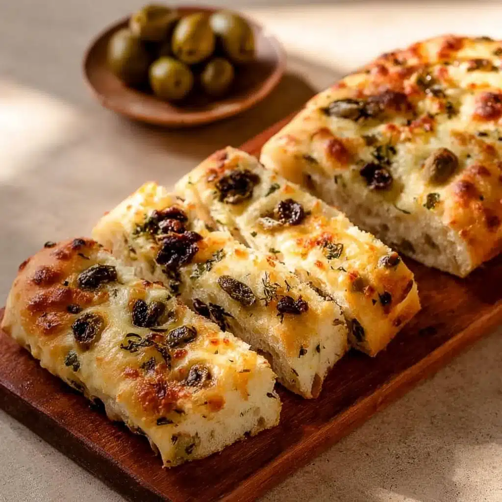 Delicious cheesy olive bread with melted cheese and olives