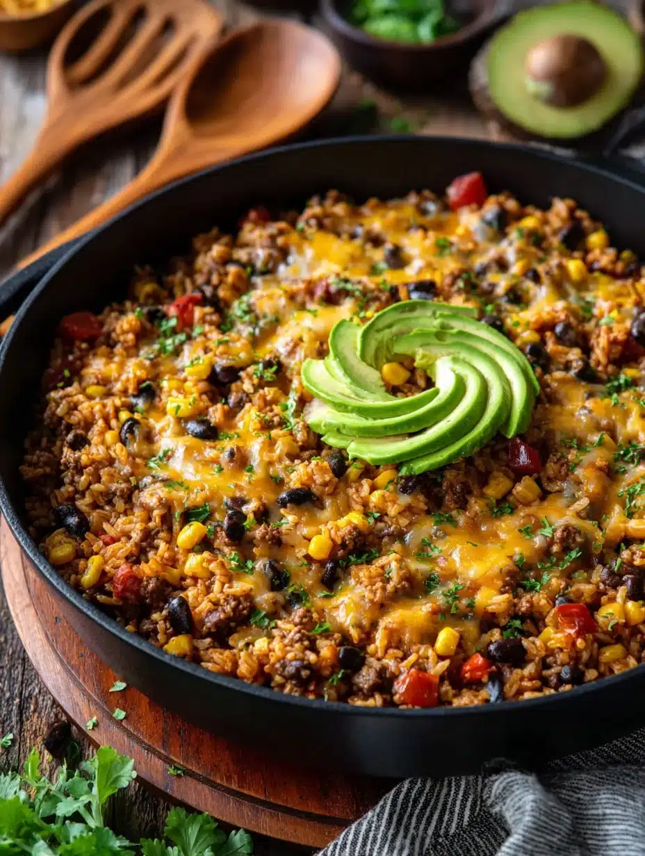 Cheesy taco rice skillet served in a cast iron pan with toppings