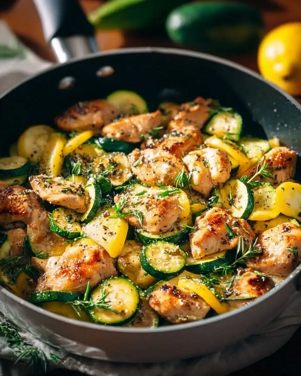 Grilled chicken breast with sautéed zucchini and squash on a plate.