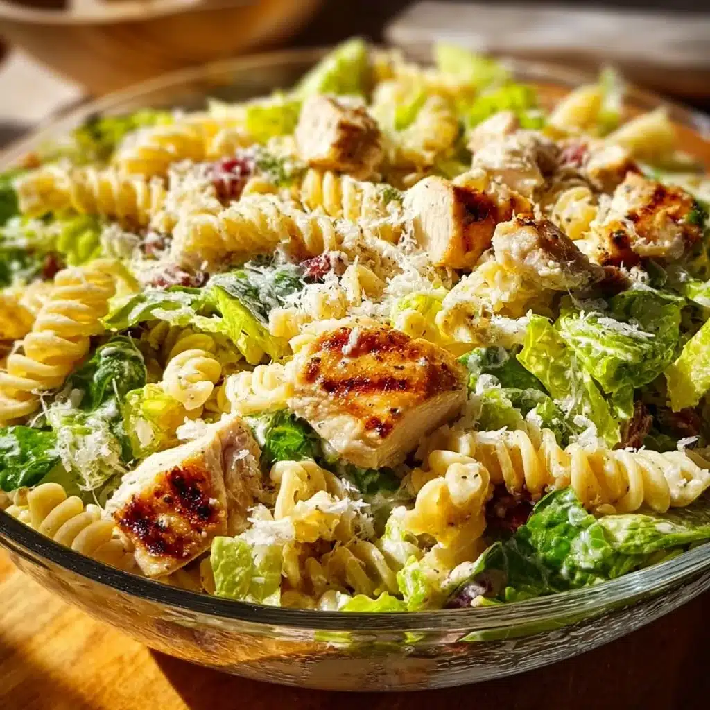 Delicious Chicken Caesar Pasta Salad with grilled chicken, romaine, and dressing