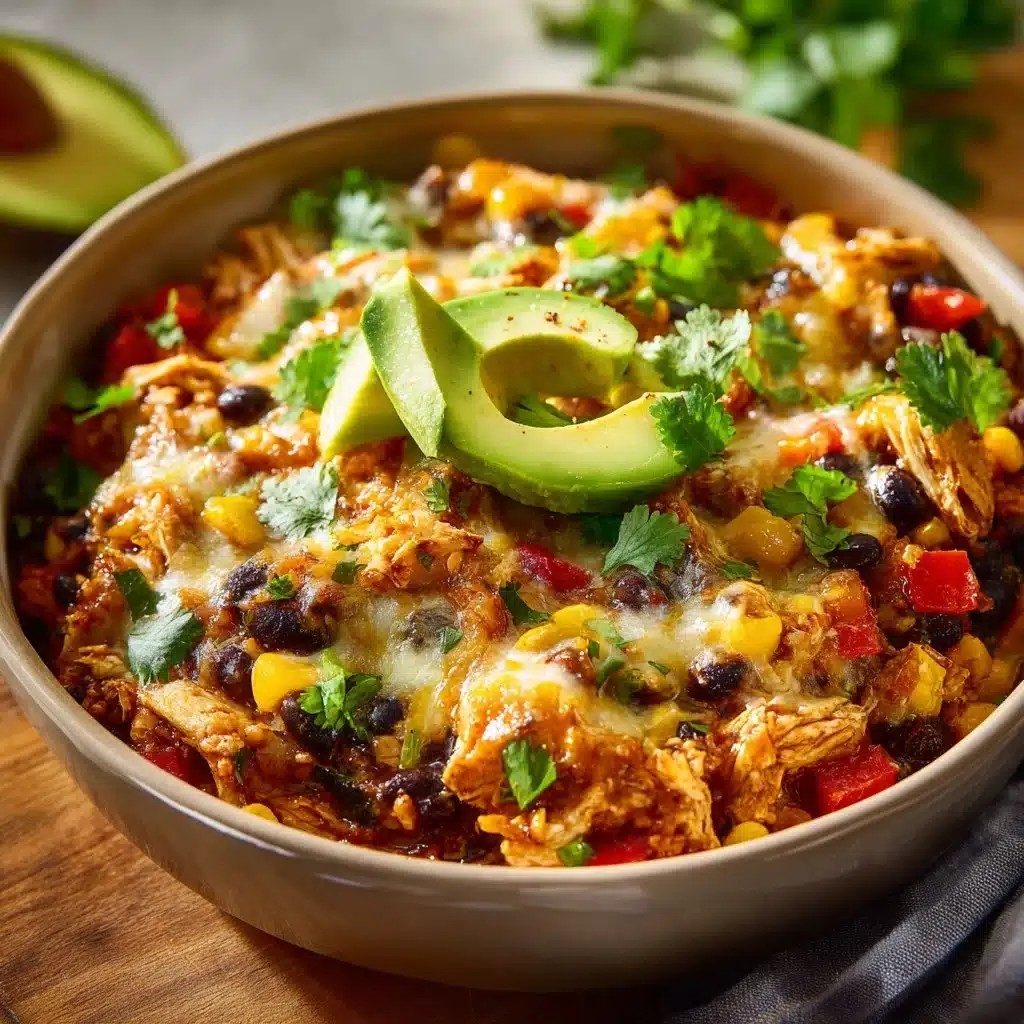 Chicken enchilada bowl topped with cottage cheese and fresh ingredients