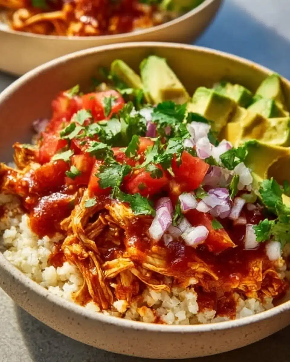 Chicken Enchilada Cauliflower Rice Bowls topped with fresh ingredients