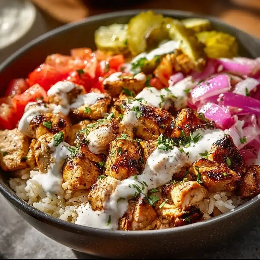 Delicious Chicken Gyro Bowl with fresh vegetables and creamy tzatziki sauce
