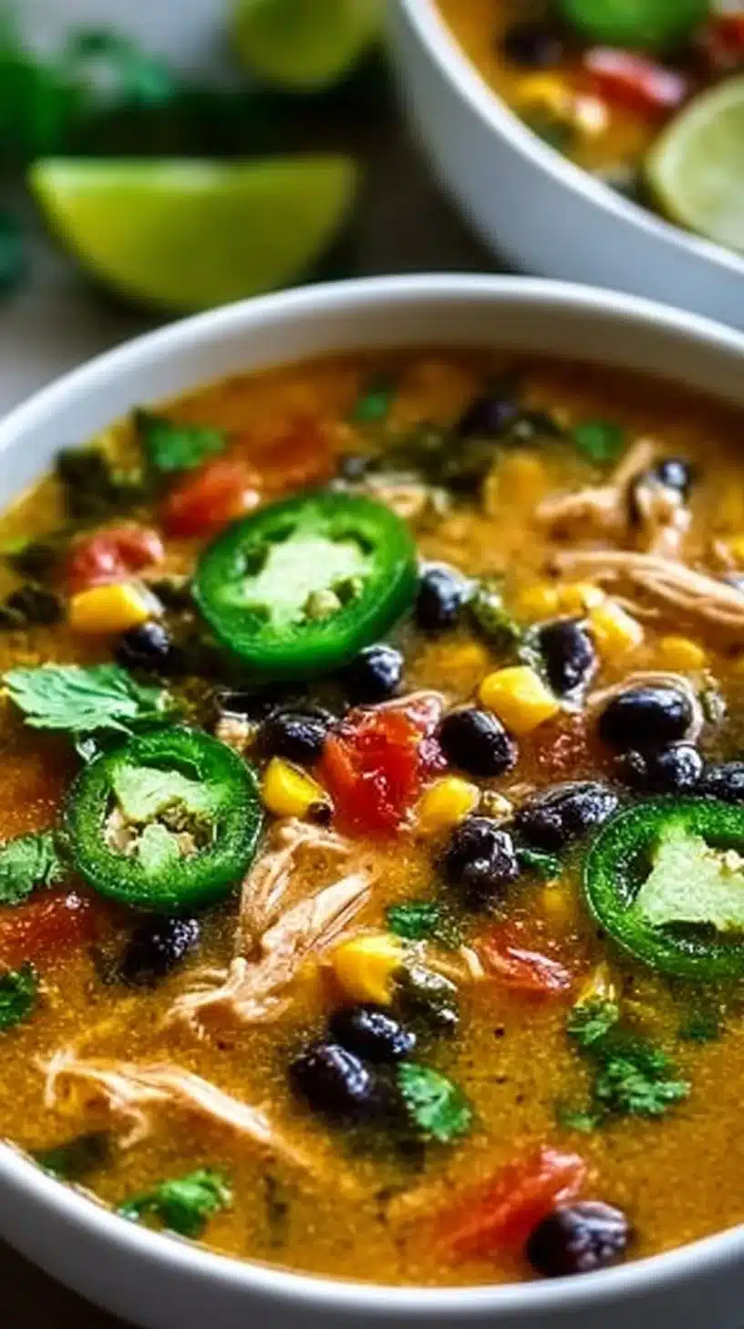 Bowl of Chicken Poblano Soup with black beans and fresh toppings