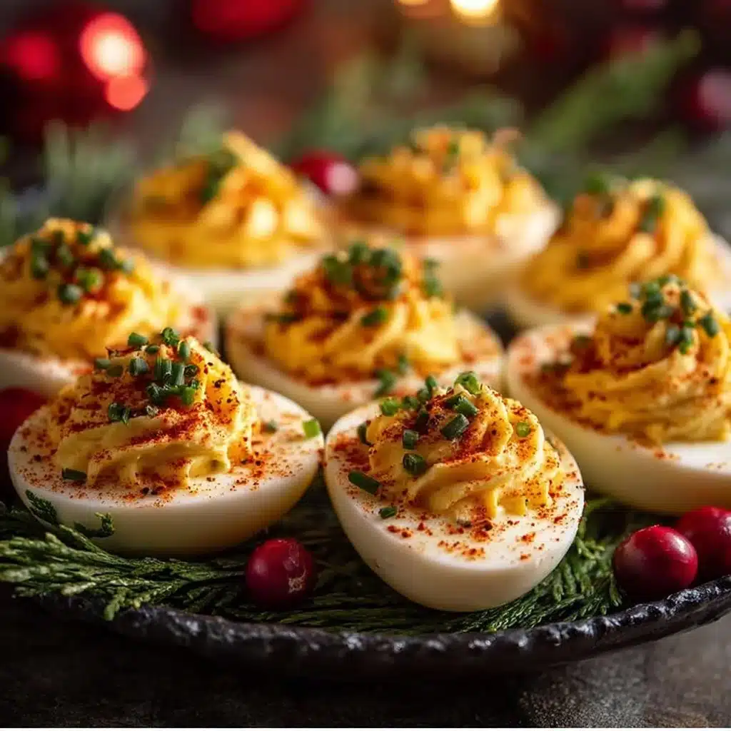 Plate of Christmas deviled eggs decorated with festive toppings
